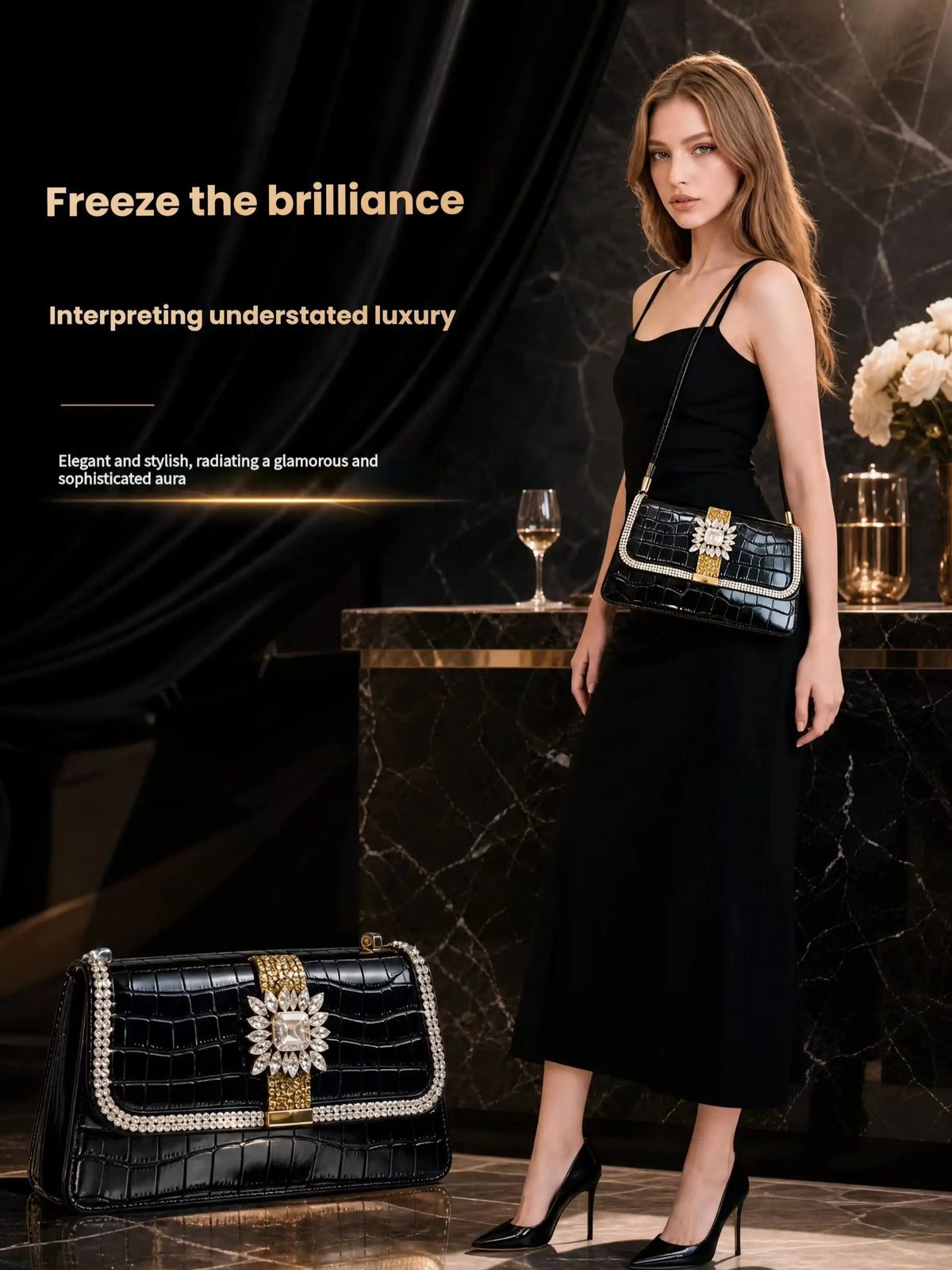 Purely Handmade Luxury High-End Women's Shoulder Bag with Heavy-Duty Diamond Embellishment, European and American Classic Style Gold Moissanite Rhinestone Bag, Fixed Shoulder Strap Crocodile Pattern Pu Backpack, Sparkling Rhi