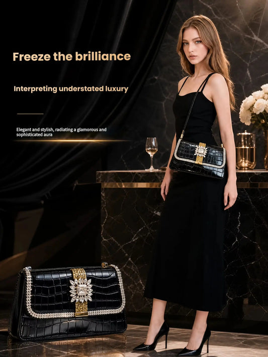 Purely Handmade Luxury High-End Women's Shoulder Bag with Heavy-Duty Diamond Embellishment, European and American Classic Style Gold Moissanite Rhinestone Bag, Fixed Shoulder Strap Crocodile Pattern Pu Backpack, Sparkling Rhi