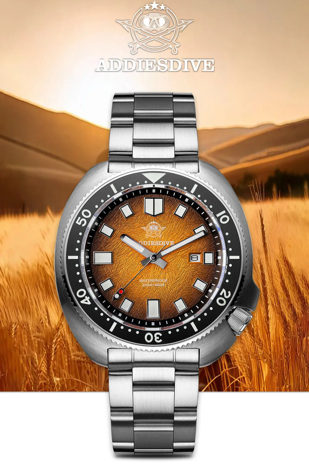 ADDIESDIVE New 43.8mm Watch for Men Dive AD2511 Luxury Sapphire Quartz Wristwatch 100m Waterproof Stainless Steel Luminous Watch