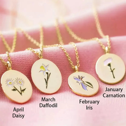 Vintage Birth Month Flower Necklace for Women Stainless Steel Geometric Floral Oval Pendant Clavicle Chain Mothers Day Jewerly