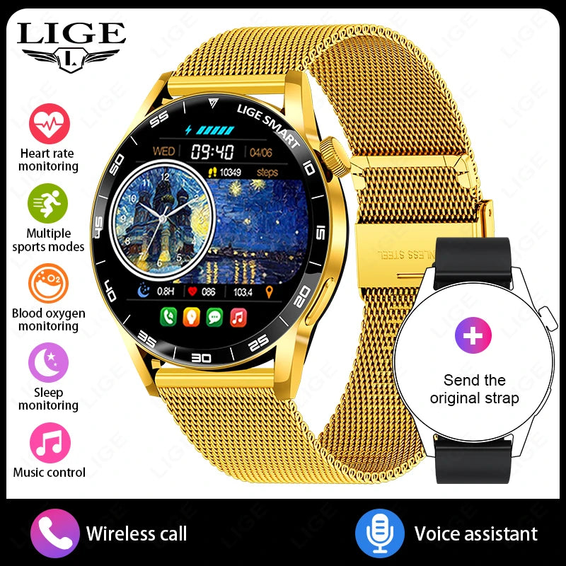 LIGE Full Touch Smartwatch Outdoor Military Smart Watch 1.38" HD Screen Bluetooth Call IP68 Waterproof Sport Fitness Watches Men