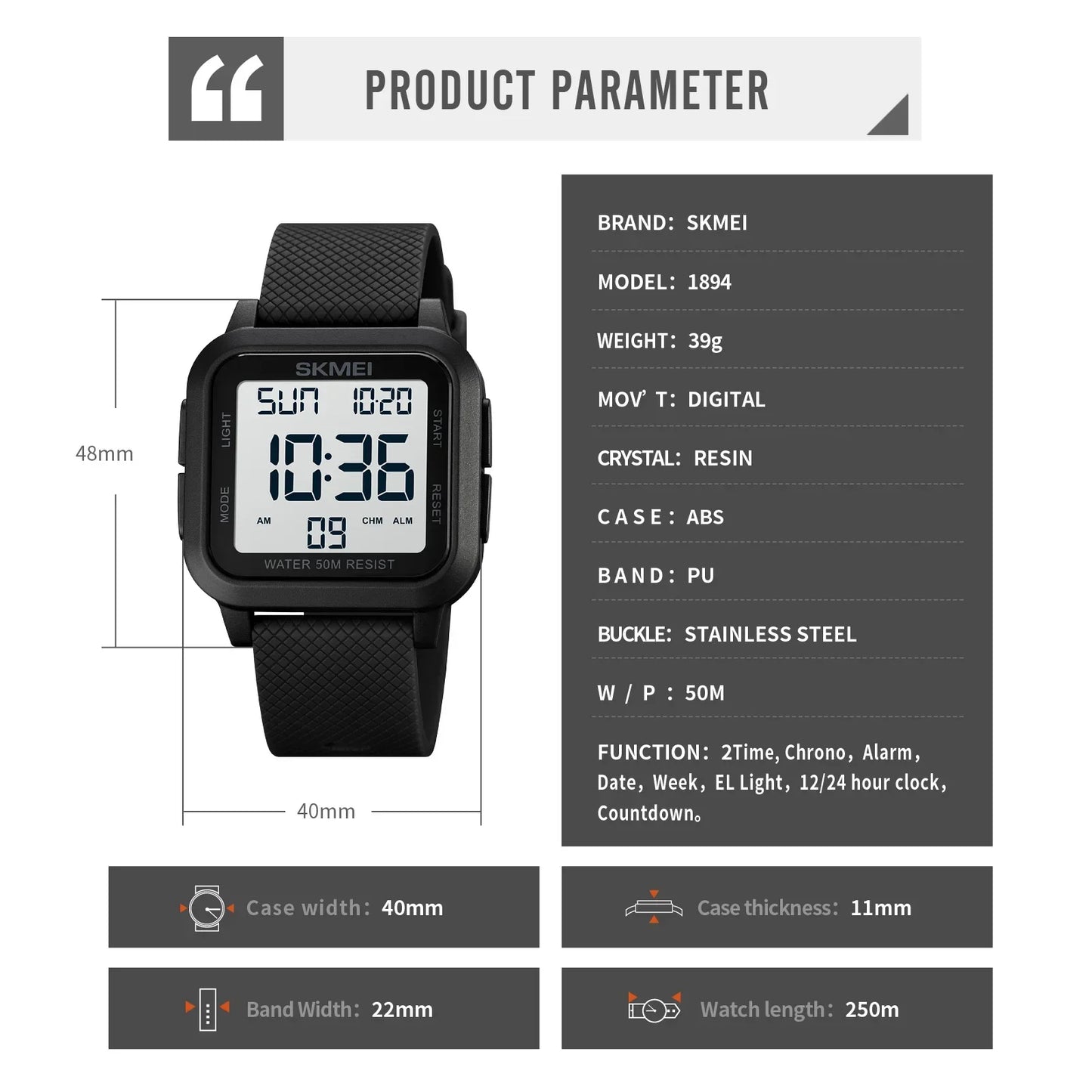 SKMEI 1894 Military Digital Watch for Men Waterproof Mens Electronic Shockproof Sports Wristwatches Countdown 1841 Montre Homme