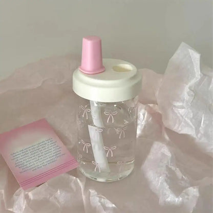 500/700Ml Pink Bow Water Cup With Straw Coffee Bubble Milk Tea Plastic Cup Large Capacity Students Water Bottle Straw Bottle