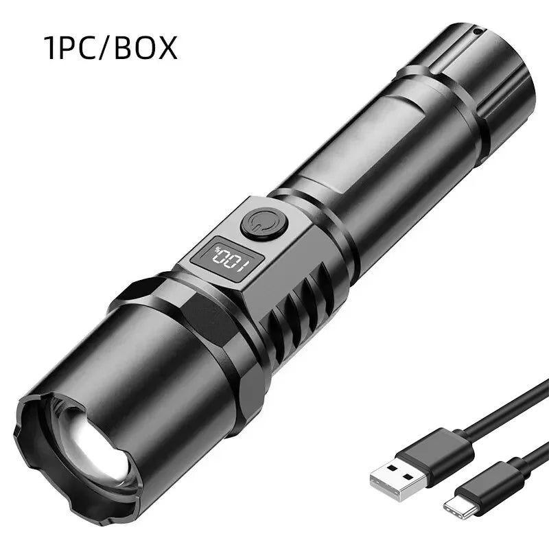 10000LM High Power LED Flashlight Long-range USB C Rechargeable Flashlight Power Display Zoom Lantern For Outdoor Camping Torch