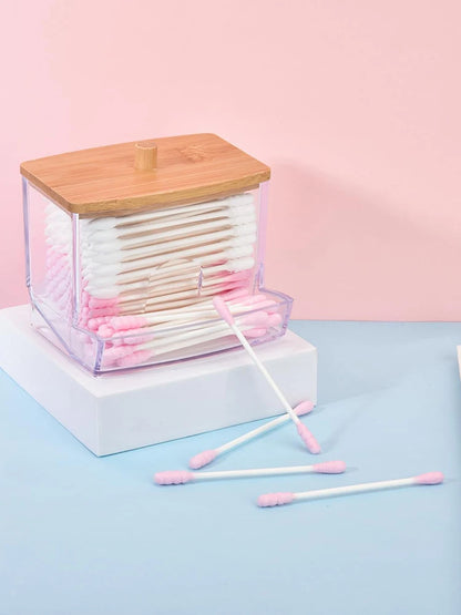 1 Household Cotton Swab Storage Tank, Acrylic Square Bamboo Cover Storage Box, Suitable For Bathroom, Bedroom, Transparent