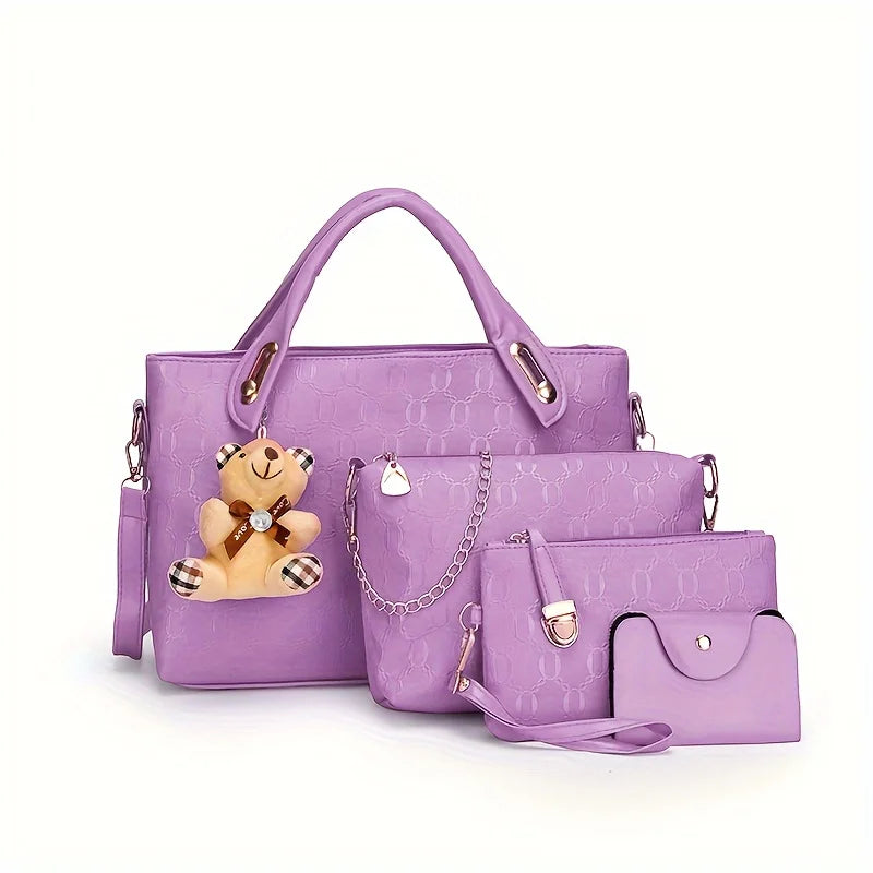4pcs Geometric Pattern Tote Bag, Fashion Handbag Chian Crossbody Bag, Clutch Bag and Card Holder Purses and Handbags Hand Bag