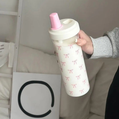 500/700Ml Pink Bow Water Cup With Straw Coffee Bubble Milk Tea Plastic Cup Large Capacity Students Water Bottle Straw Bottle