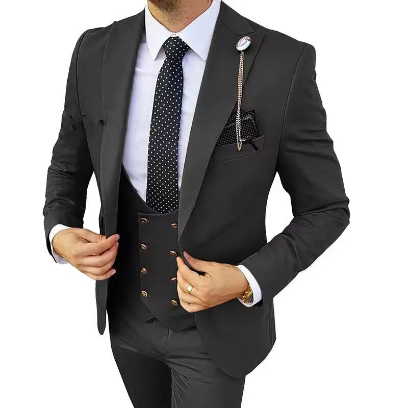 Solid Men's 3 Piece Suit Slim Fit Men Tuxedo Suit Party Wedding Prom Business One Button Peak Lapel Blazer Jacket Vest Pants Set