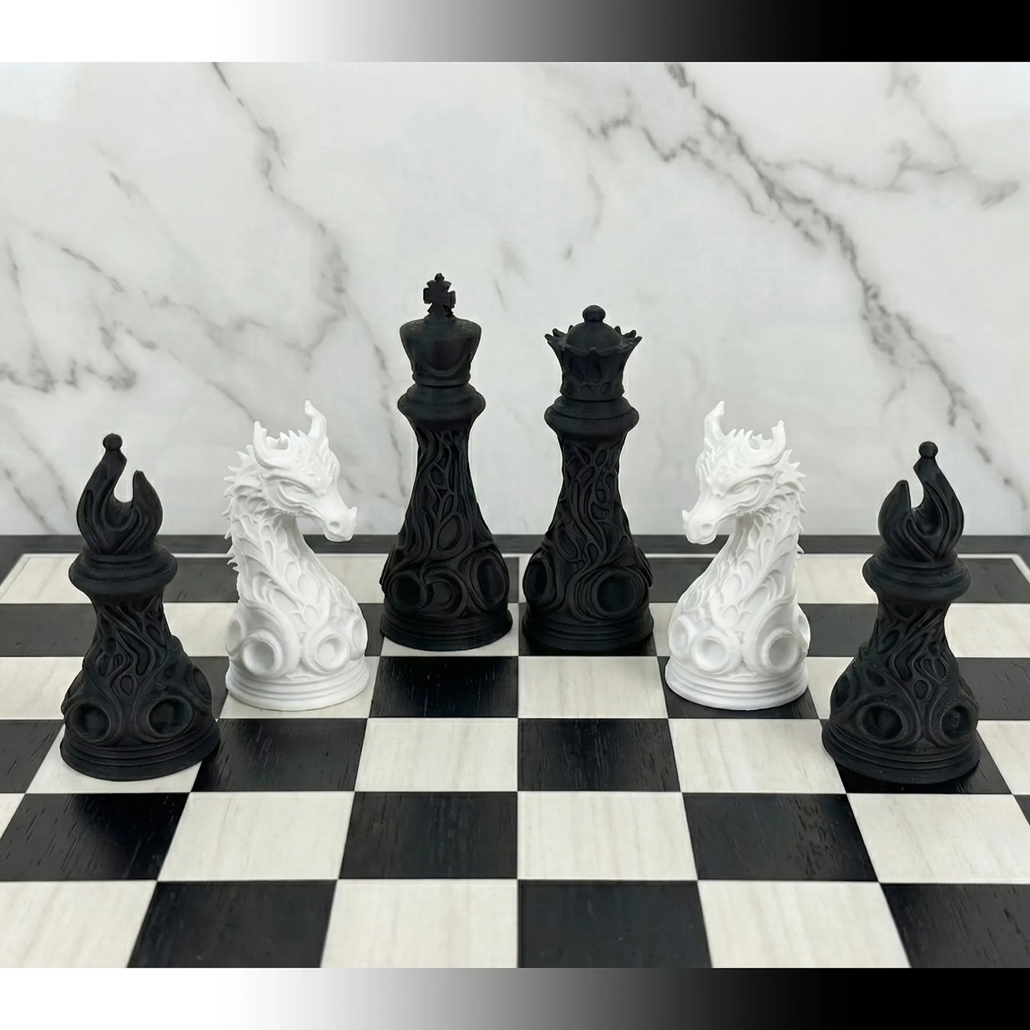 32pcs Gothic Dragon Chess Pieces Set Black White 3D Printed Hollow Design Tabletop Ornament Gift for Chess Lovers