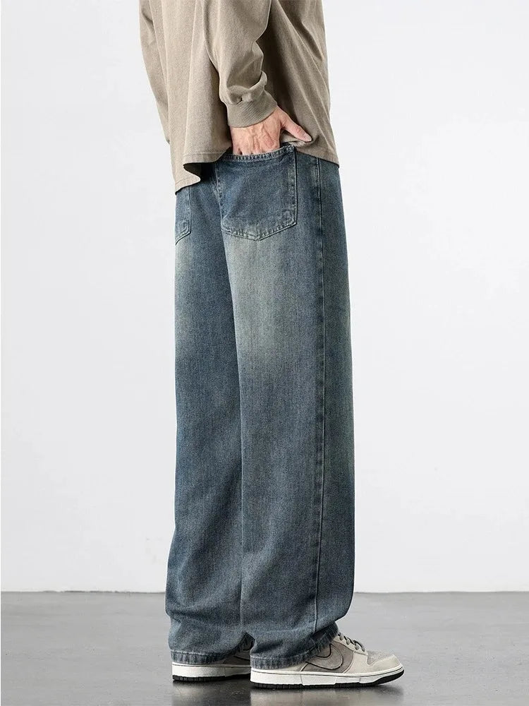 Spring Autumn American Retro Straight Jeans Men Streetwear Korean Fashion Loose Baggy Wide Leg Denim Pants Male Casual Trousers