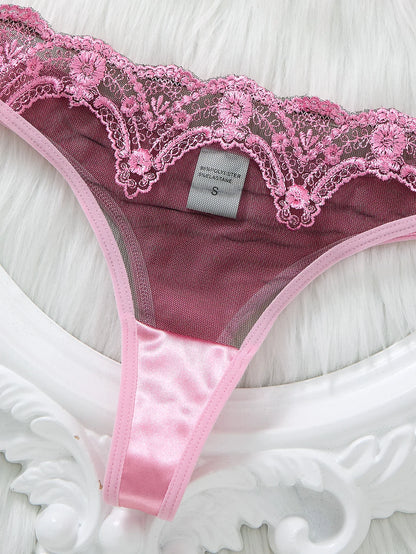 Women's Romantic Pink Lace Lingerie Set Padded Balconette Bra + Sheer Thong Satin Trim Date Night/Valentine's Underwear ZA824289