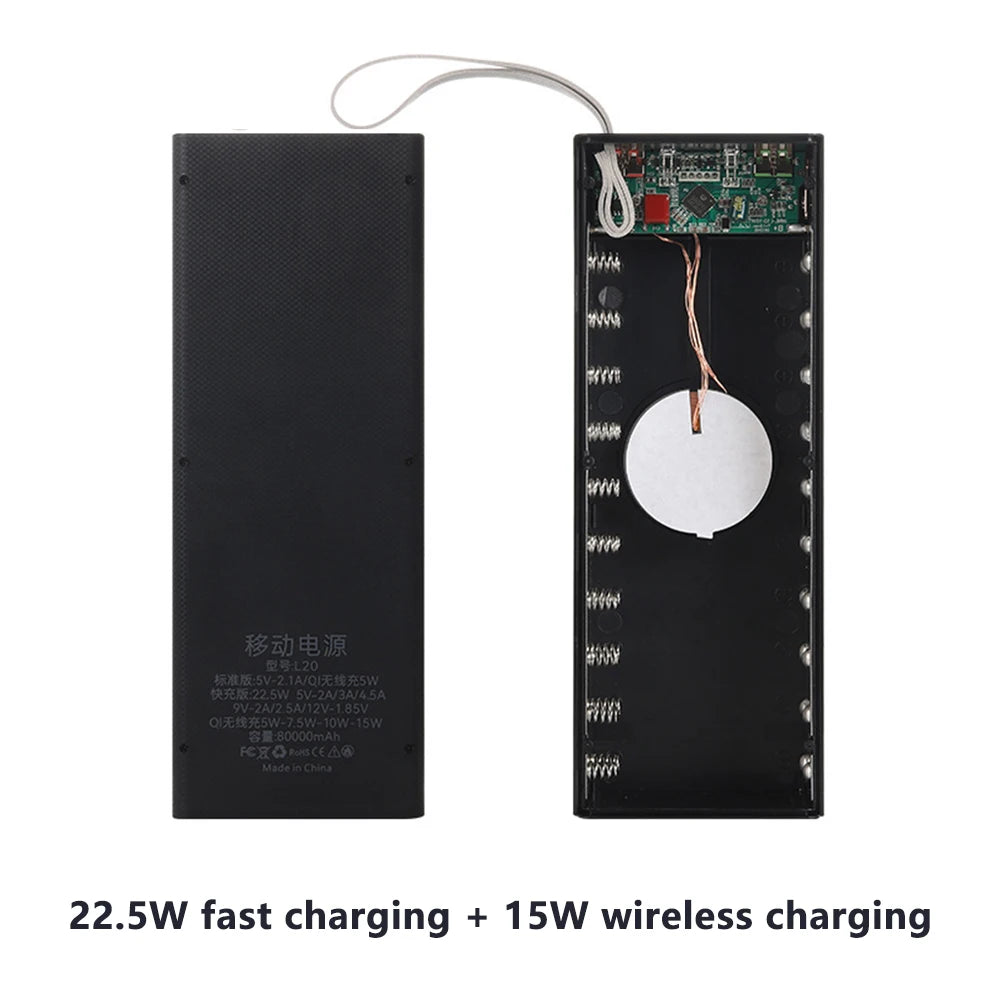 20*18650 Detachable Power Bank Case 22.5W PD QC3.0 Quick Wireless Charging DIY Shell With LED Lighting 18650 Battery Storage Box