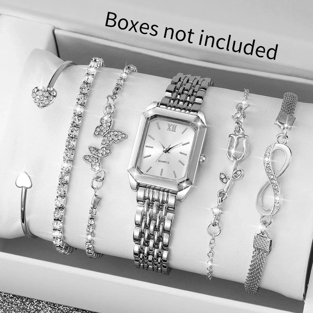 6PCS Fashion Rectangle Women Quartz Watch Bracelets Set Ladies Roma Dial Silvery Band Wristwatch Reloj Mujer(Without Box)