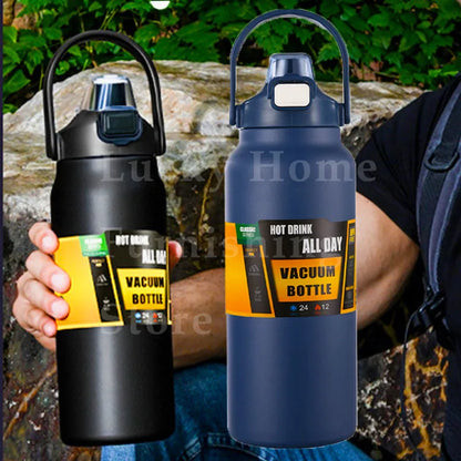 Stainless Steel Vacuum Bottle Large Capacity 1.2L/1.5L Insulated Thermo Water Flask Dual Use Lids Direct Straw Sport Gym Tumbler