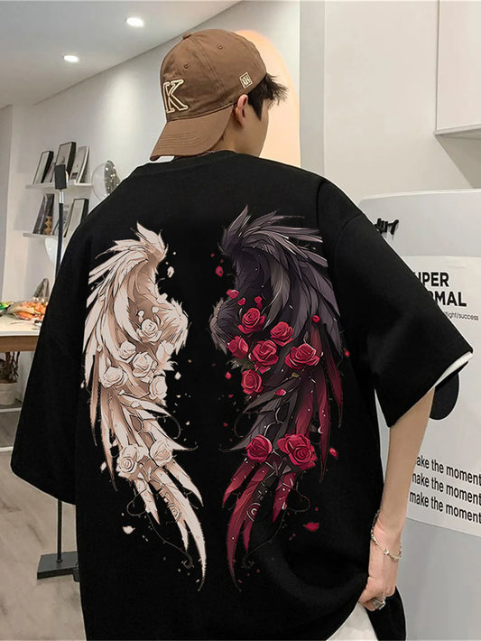 Fashionable men's summer personalized angel wing print, comfortable and breathable round neck T-shirt outdoor street top