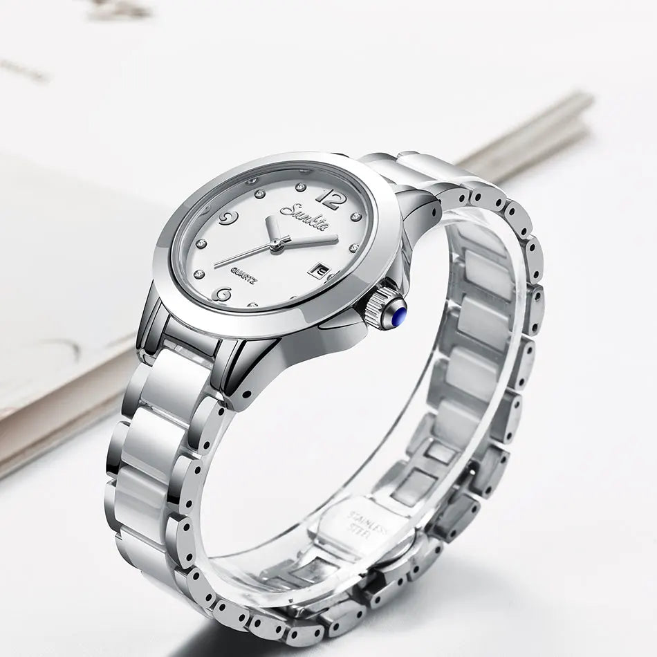 LIGE Brand SUNKTA Fashion Casual Woman Watch Ceramic Simple Bracelet Quartz Ladies Watches Date Waterproof Women's Wristwatches