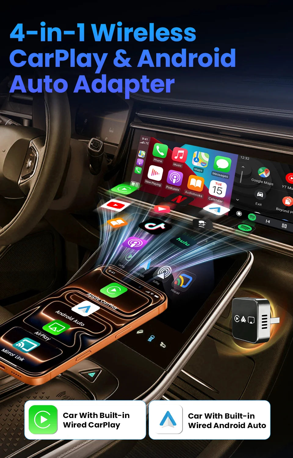 CarRocket 2026 4in1 New  Carplay Adapter Wireless Android Auto Mirror Link Smart MiNi AI Box USB Plug and Play Auto Connect WiFi