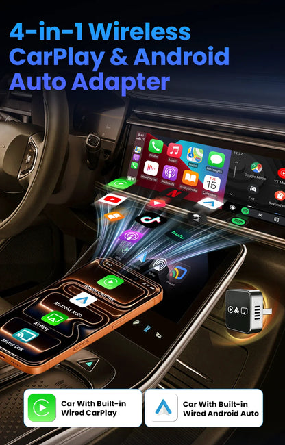 CarRocket 2026 4in1 New  Carplay Adapter Wireless Android Auto Mirror Link Smart MiNi AI Box USB Plug and Play Auto Connect WiFi