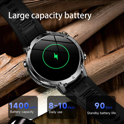 Smartwatch LIGE 2026 wojskowy, bateria 1400mAh, dla mężczyzn, latarka zewnętrzna, wodoodporność IP68, pulsometr, połączenia Bluetooth, bransoletka sportowa