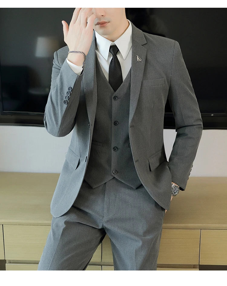 High-End Men's Wedding Suit 3-Piece Set Handsome Banquet Smart Casual Fashionable Three-Quarter Length Vest Trousers Four Season