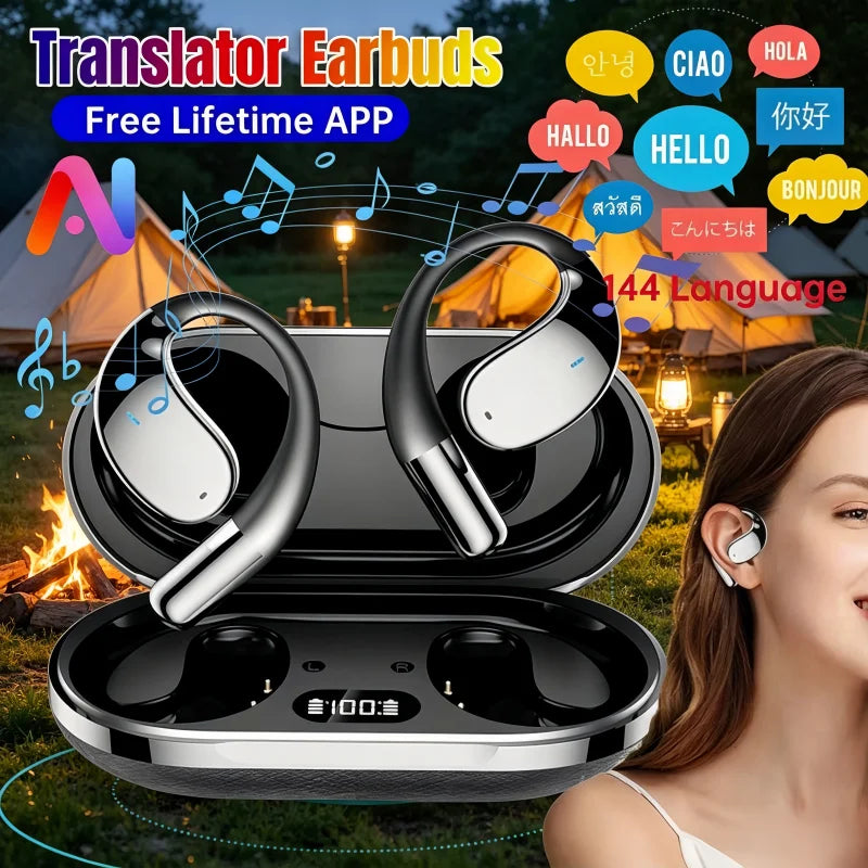 2026AI Smart Translation Headphones Sports Bluetooth Wireless Earbuds - Real-Time 144-Language Translator with Free Lifetime App