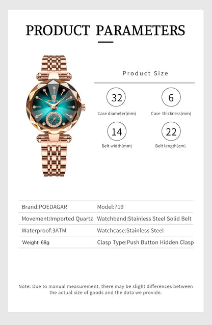 POEDAGAR Luxury Diamond Dial Woman Wristwatch Waterproof Stainless Steel Watch for Ladies Elegant Simple Quartz Women's Watches