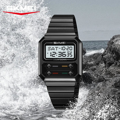 SKMEI 2448 Fashion Men Electronic Watch Vintage Business Luminous Calendar Waterproof Steel Strap Casual Digital Watches for Man