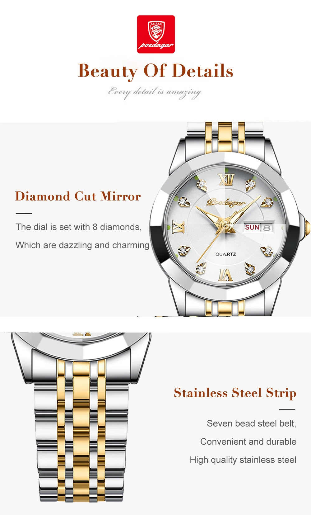 POEDAGAR Luxury Brand Women's Watches Waterproof Luminous Date Week Quartz Watch For Woman Stainless Steel Fashion Ladies Watch