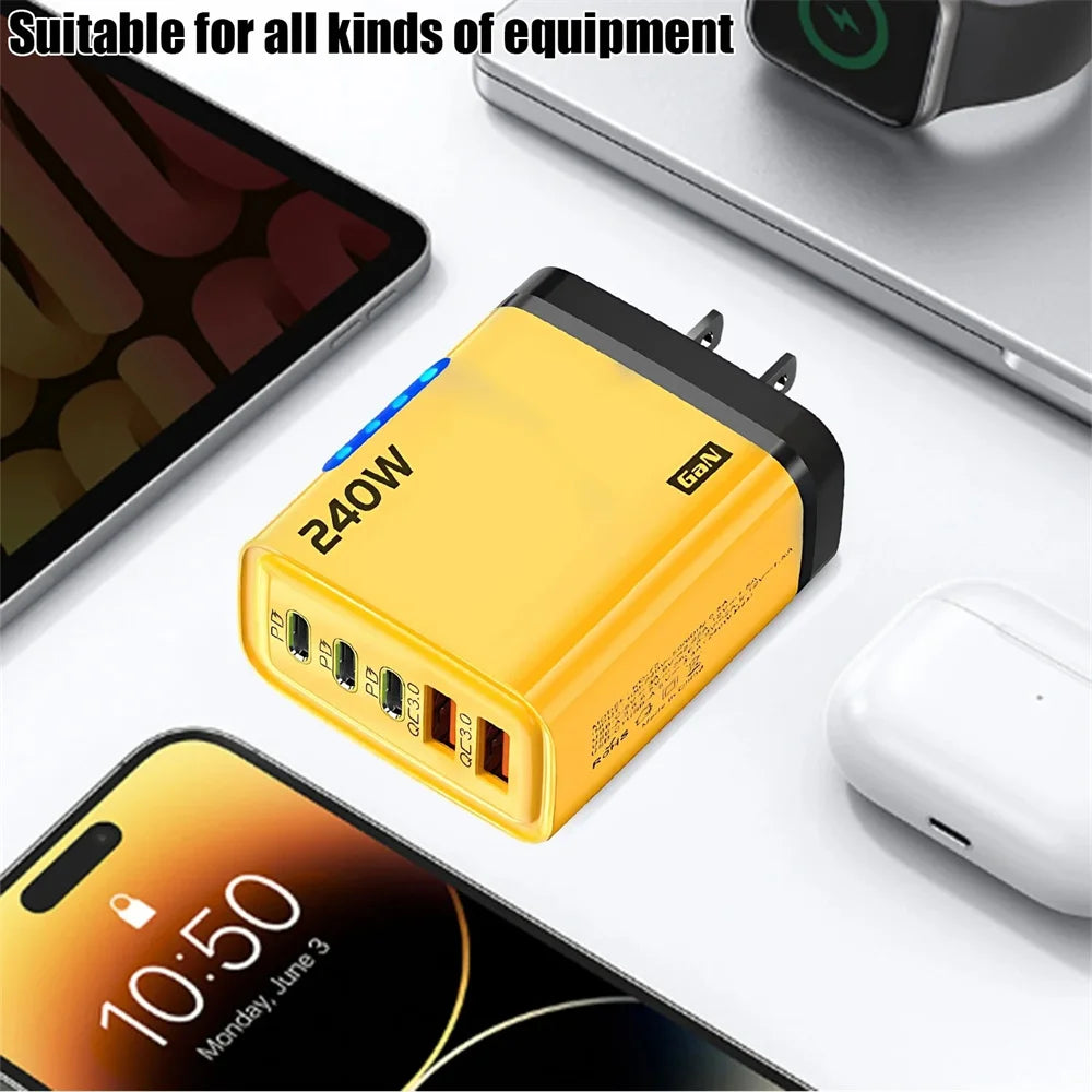 240W GaN 2USB+3Type C Desktop Phone Charger With LED Light Multi Ports Quick Charge 3.0 Adapter For iPhone Samsung Huawei Tablet
