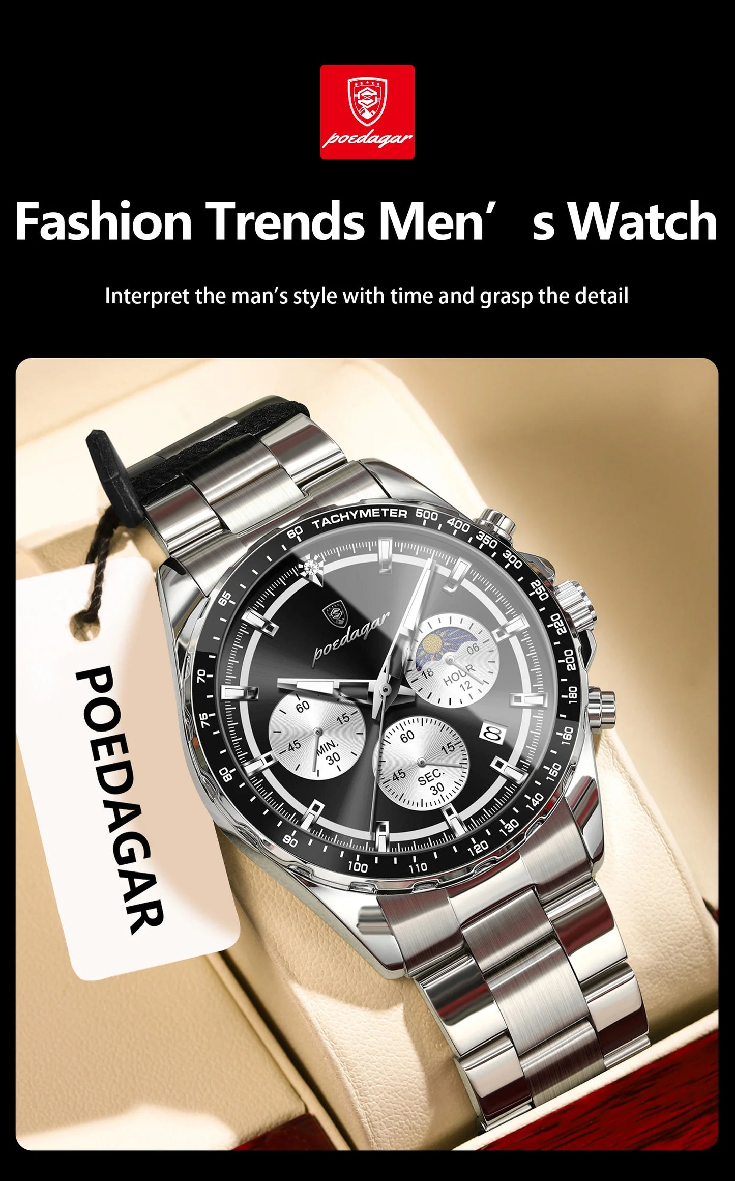 POEDAGAR Top Original Man Wristwatch Waterproof Stainless Steel Luminous Men Clock Chronograph Date Quartz Sports Men's Watches