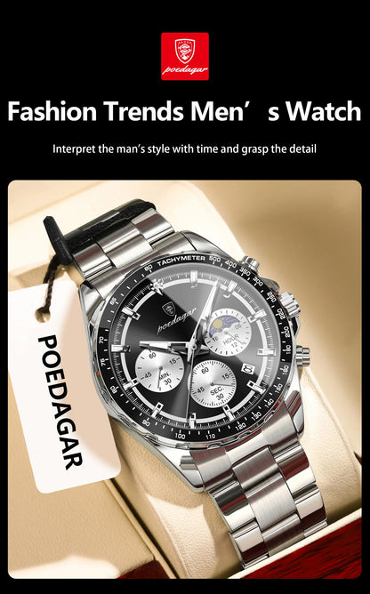 POEDAGAR Top Original Man Wristwatch Waterproof Stainless Steel Luminous Men Clock Chronograph Date Quartz Sports Men's Watches
