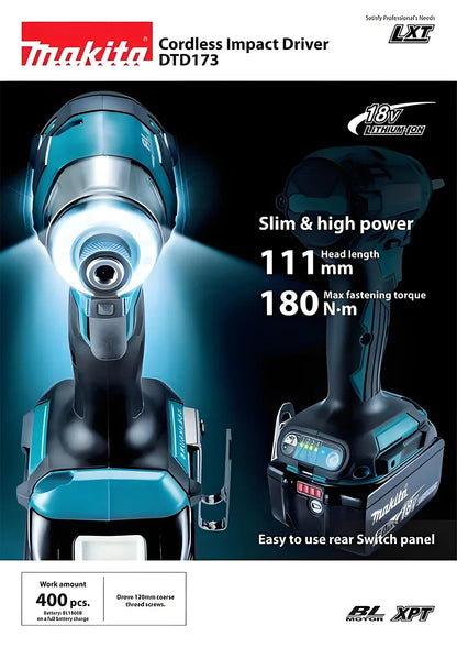 2025 Makita DTD173 bule 18v Brushless Lithium-ion Impact Driver Power Tool Multifunctional Tool, Drill Bit, Power Tool