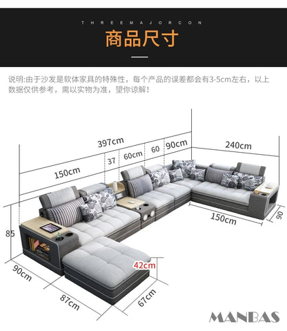 Modern U-Shaped Fabric Couch with Stools, Sectional Sofa Set with Storage Console & Cup Holder, Modular Corner Sofa with Pillows