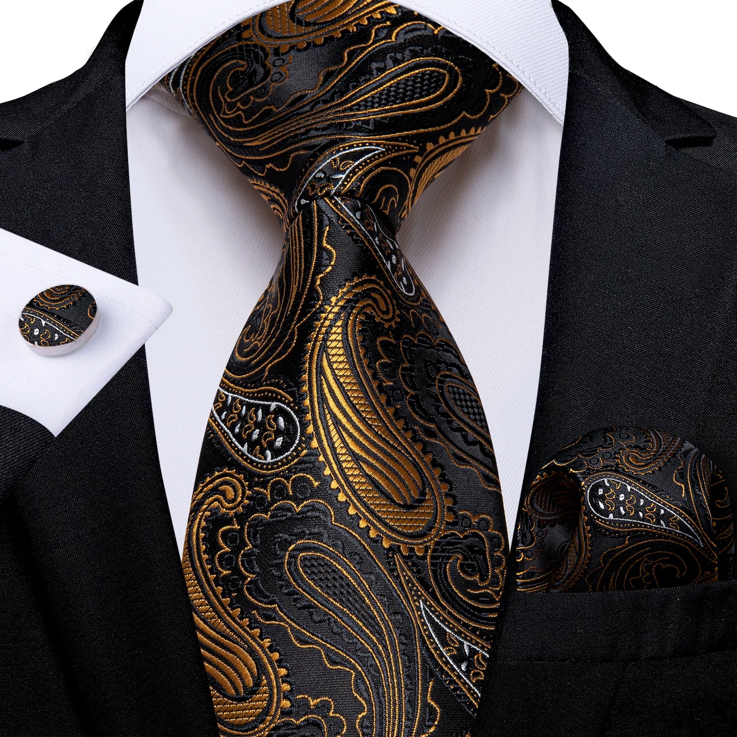 Luxury Black Gold Paisley Striped Floral Silk Men's Tie Set Handkerchief Cufflinks Wedding Party Accessories Groom Gift for Men