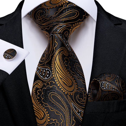 Luxury Black Gold Paisley Striped Floral Silk Men's Tie Set Handkerchief Cufflinks Wedding Party Accessories Groom Gift for Men