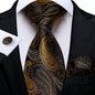 Luxury Black Gold Paisley Striped Floral Silk Men's Tie Set Handkerchief Cufflinks Wedding Party Accessories Groom Gift for Men