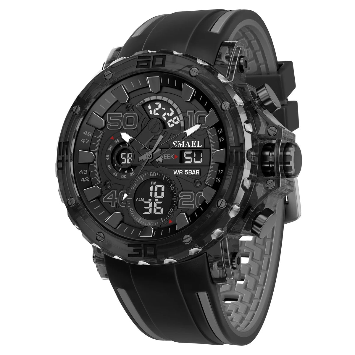 SMAEL 8136 Dual Display Military Watch for Men - 50M Waterproof LED Alarm Chronograph Stopwatch Shock Resistant