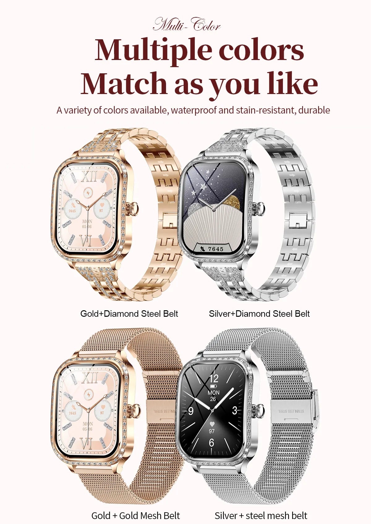LIGE Fashion Design Women Smart Watch 1.75" Curved Screen Smartwatch Bluetooth Call Clock IP68 Waterproof Diamond Case Bracelet