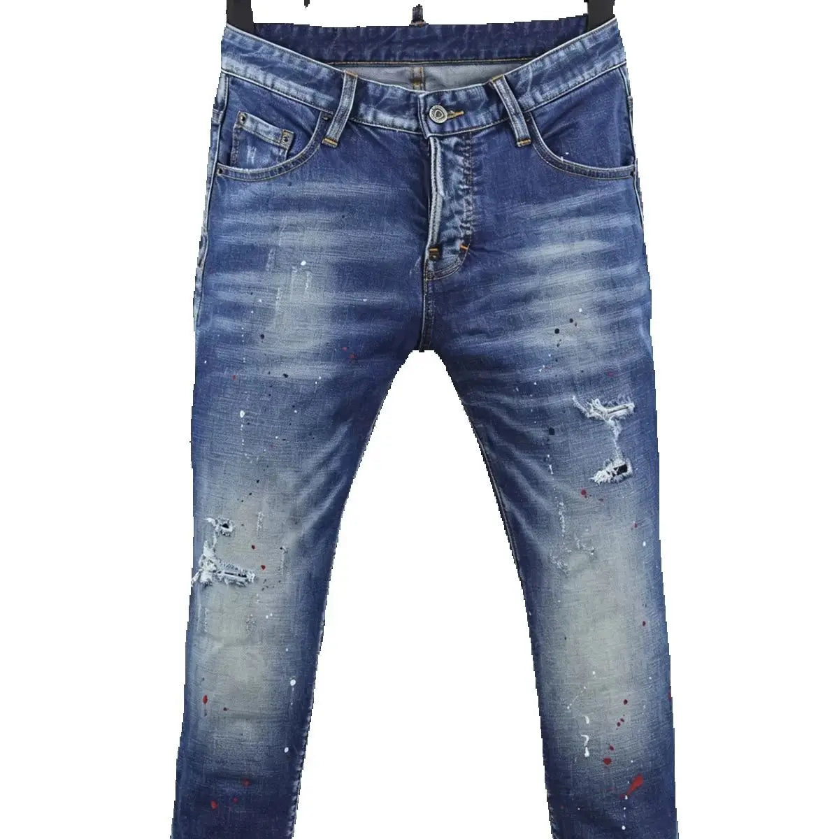 6057 Four Seasons New Men's Wear Washed Ripped Patch Paint Slim-fit Feet Blue Jeans for Men