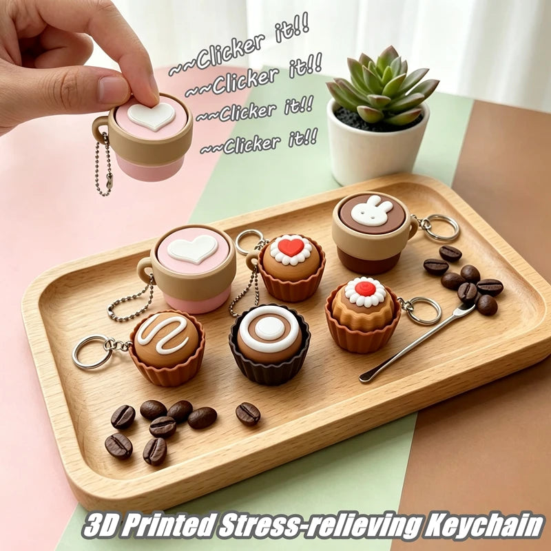 3D Printed Cappuccino Coffee Cup Keyrings Creative Clicker Button Dessert Keychains Office Stress Relief Keyboard Fidgets Gifts