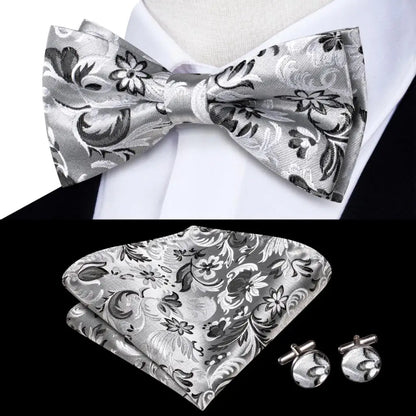 Hi-Tie Mens Bow Tie Hanky Cufflinks Set White Black Gray Silver Pre-tied Butterfly Knot Bowtie for Male Wedding silk Business