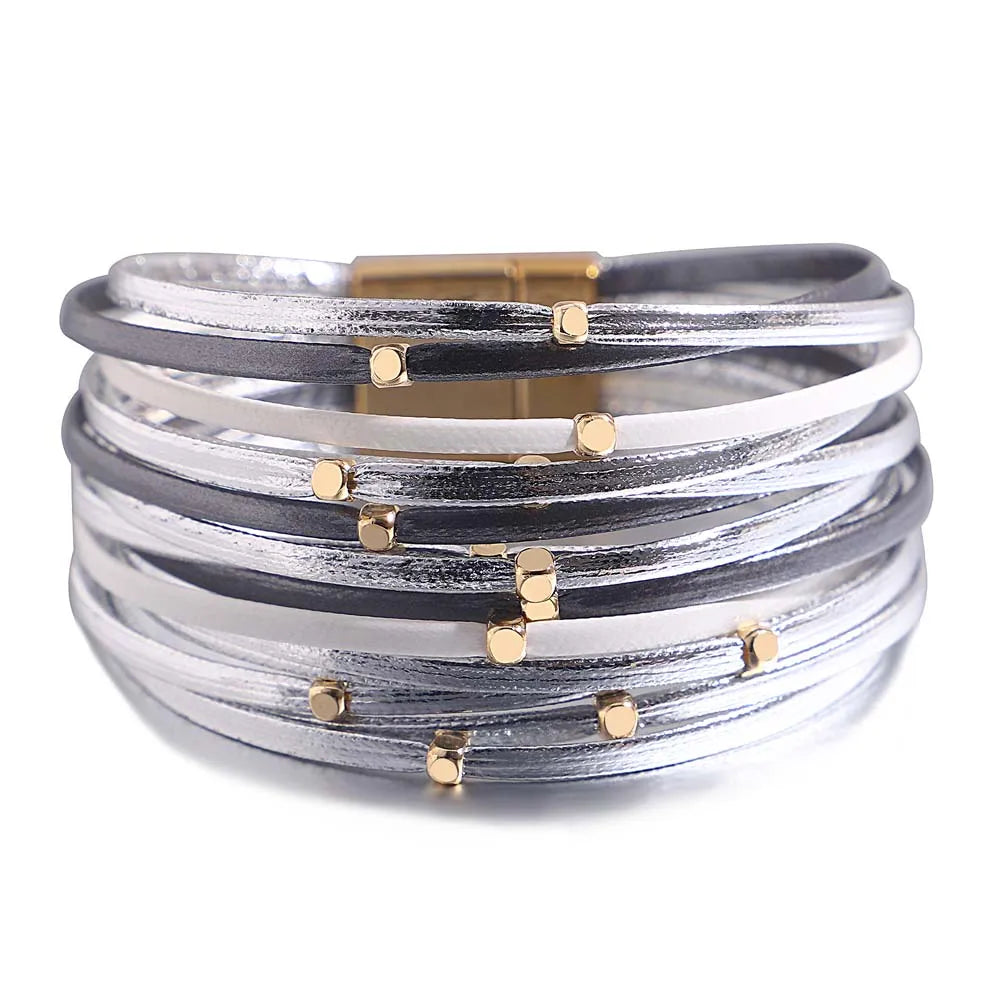 ALLYES Charm Triple Color Leather Bracelet for Women Bohemian Metal Beads Multilayer Thin Strip Wrap Bracelets Fashion Jewelry