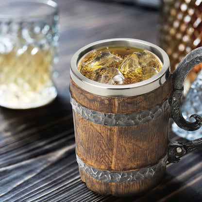 Wooden Barrel Beer Cup Stainless Steel Coffee Mug Viking Style Vintage Beer Mug Double Wall Drinking Cup Halloween Bar Drinkware