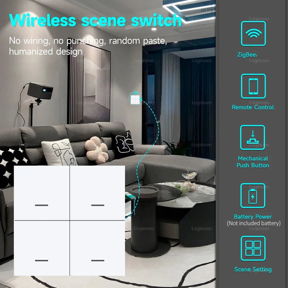 ZigBee Tuya Scene Switch 4Gang Push Button Controller Smart Home Automation Battery Powered Scenario for Smart Life Devices