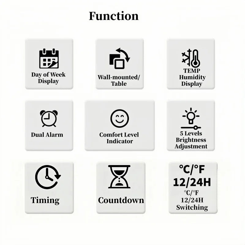 Digital Alarm Clock TEMP Humidity Week Comfort Level Dual Alarm Snooze Table Clock 12/24H Timer Auto Dimmable LED Wall Clock