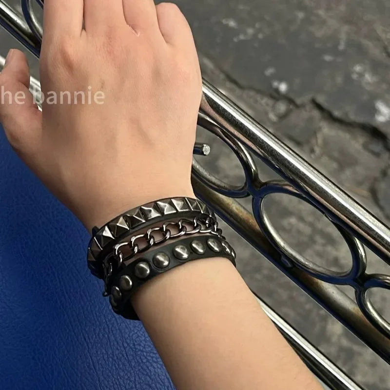 Punk Dark PU Bracelet For Women Men Hip Hop Rock Chain Multi Layered Bracelet Trend Retro Gothic Jewelry Dancer Accessories