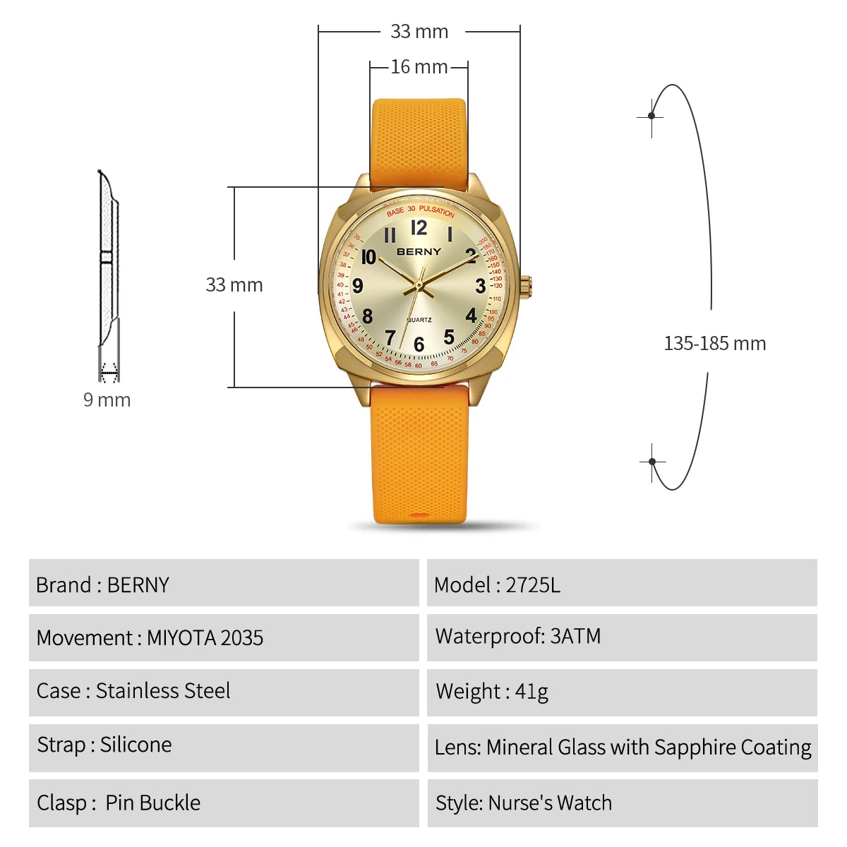 BERNY Women's Watches Nurse Watch Casual Simple Ladies Gold Quartz Watches Luminous Easy Read Waterproof Sport Women Wristwatch