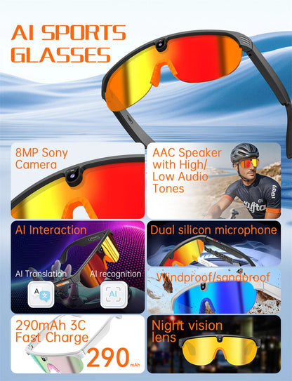 4K Polarized AI Smart Cycling Glasses Men 800W Camera Video Recording Translation Sunglasses Bluetooth Call Music Sports Glasses