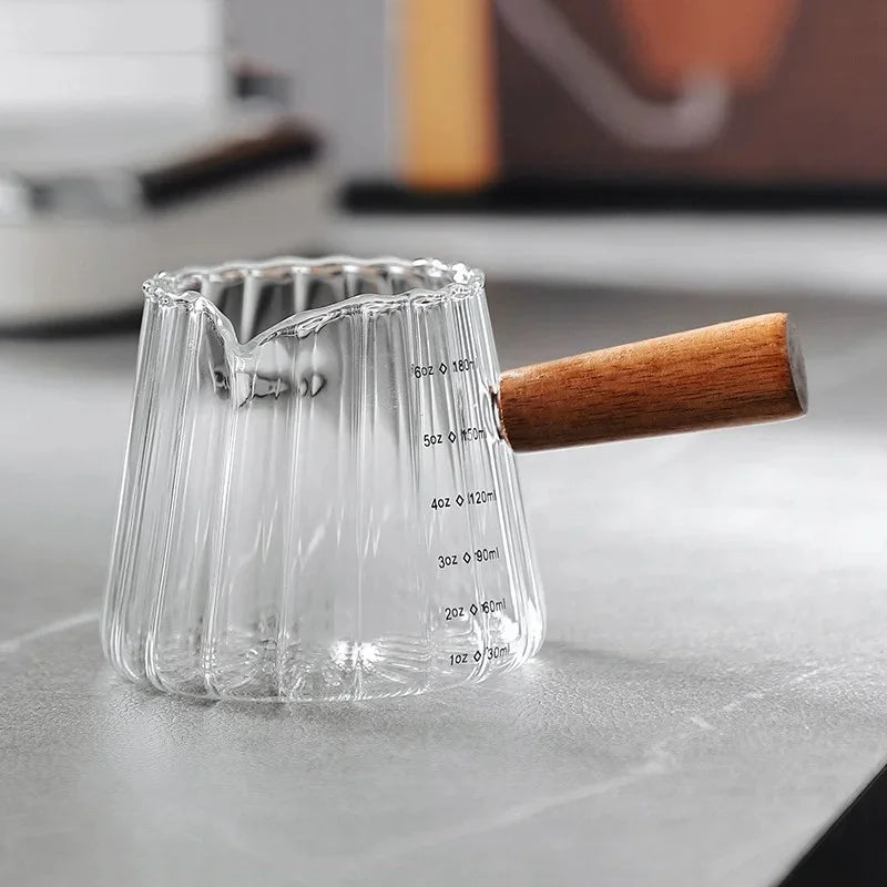 180ML Wood Handle Glass Espresso Measuring Cup Coffee Extraction Cup with scale High Temperature Resistance Milk Jug Measure Mug