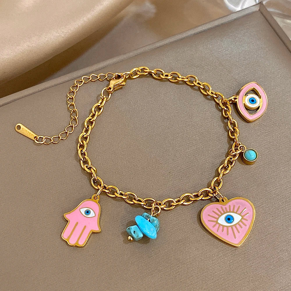 Fashion Gold Plated Stainless Steel Chain Bracelet for Women Cute Star Heart Cherry Tassel Charms Bracelets Waterproof Jewelry